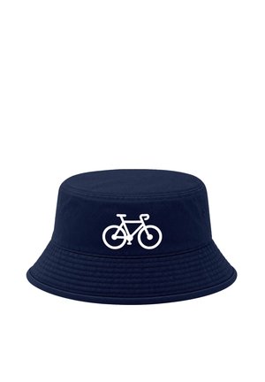 Marineblauer Bucket Hat mit einem weißen Fahrrad-Symbol mittig vorne, mit gesteppten Details am Rand.
