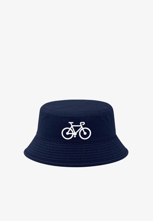 Navy blue bucket hat with a white bicycle icon centered on the front, featuring stitched detailing around the brim.