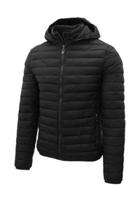 Giacca nera trapuntata con cappuccio, dotata di una zip frontale, polsini in coste e due tasche laterali. Texture liscia con un design leggero.