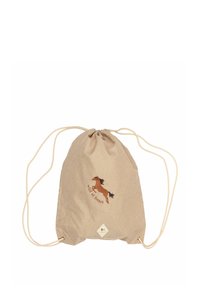 Borsa a sacco beige realizzata in tessuto testurizzato, con un cavallo marrone ricamato e la frase "wild at heart" in un design circolare.