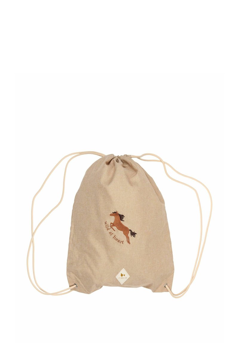 Borsa a sacco beige realizzata in tessuto testurizzato, con un cavallo marrone ricamato e la frase "wild at heart" in un design circolare.