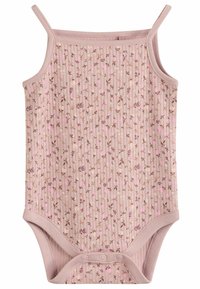 Helles rosa geripptes Bodysuit mit dünnen Trägern und einem floralem Muster in dunklerem Rosa und Braun. Mit Druckknopfverschluss im unteren Bereich.