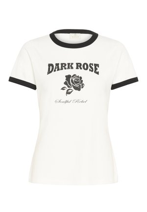 Camiseta blanca de manga corta con cuello y puños negros, que presenta el texto "DARK ROSE", un gráfico de una rosa negra y la inscripción "Soulful Rebel" en la parte frontal.