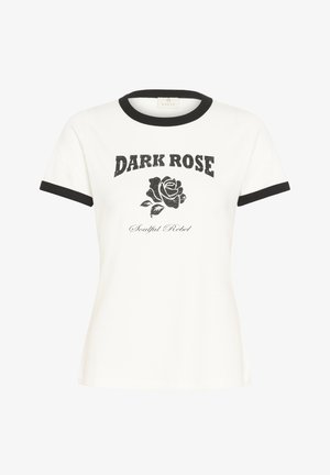 Camiseta blanca de manga corta con cuello y puños negros, que presenta el texto "DARK ROSE", un gráfico de una rosa negra y la inscripción "Soulful Rebel" en la parte frontal.