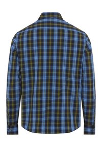 Langarmhemd mit einem karierten Muster in Blau, Grün und Schwarz. Verfügt über einen Button-down-Kragen und Manschetten mit Knöpfen. Glatte Stoffoberfläche.