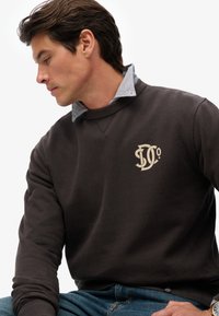 Felpa marrone con scollatura a girocollo, caratterizzata da un logo beige sul petto. Indossata sopra una camicia a righe blu chiaro e bianco con colletto.
