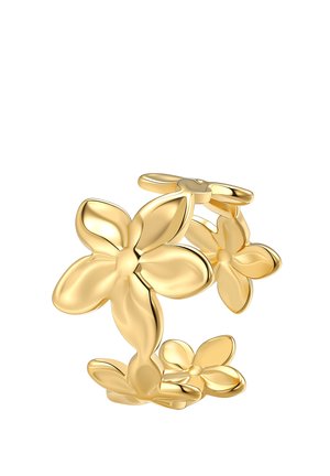 Goldener Ring mit drei verbundenen fünfblättrigen Blumen, jedes Blatt glatt und rund, angeordnet in einem zarten, durchbrochenen Design.