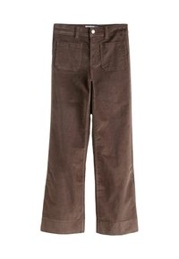 Pantalones de pana marrones con un diseño de pierna ancha, que cuentan con dos bolsillos traseros, un cierre delantero con botón y un dobladillo recto en la parte inferior.