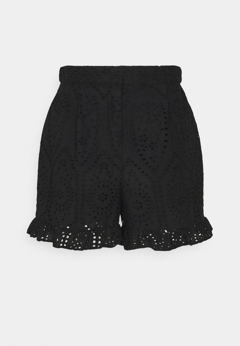Short noir taille haute en tissu dentelle ajourée, ourlet volanté festonné, avec taille boutonnee et élastique.