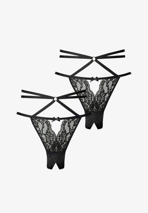 Μαύρο σετ δαντελωτής thong με περίπλοκα floral σχέδια, διπλούς ιμάντες και κυκλικές μεταλλικές λεπτομέρειες. Μαλακή υφή, σχέδιο σε σχήμα V.