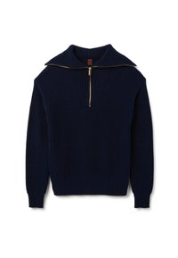 Pull en tricot bleu marine avec un large col, doté d'une fermeture éclair dorée au cou et de bords côtelés aux poignets et à l'ourlet. Motif texturé sur toute la surface.