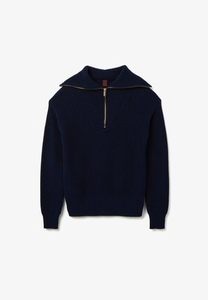Maglione lavorato a maglia blu navy con ampio colletto, caratterizzato da una zip dorata al collo e polsi e orlo a coste. Motivo testurizzato su tutta la superficie.