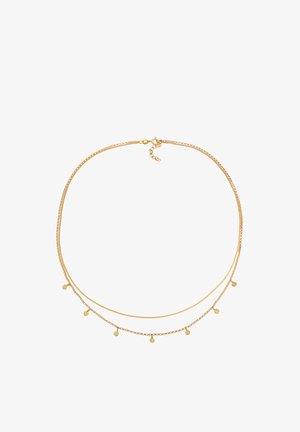 Gold-tone layered necklace featuring two chains. Lower chain adorned with small round pendants. Smooth texture with a shiny finish.
