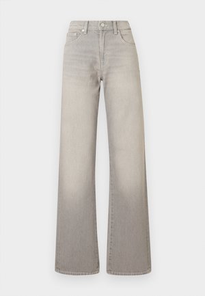 Jeans grigi larghi con finitura sbiadita, chiusura con bottone, design a cinque tasche e cuciture decorative lungo le cuciture.