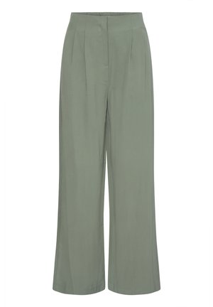 Kõrge vöökohaga, laiade säärtega püksid summutatud salvei rohelises toonis, esitelgedega ja peidetud luku sulgemisega.