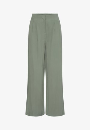 Kõrge vöökohaga, laiade säärtega püksid summutatud salvei rohelises toonis, esitelgedega ja peidetud luku sulgemisega.