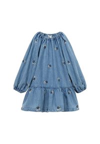 Jeans obleka z elastičnim izrezom in dolgimi napihnjenimi rokavi. Opremljena z ročno vezenje cvetja in večplastnim robom. Barva pretežno svetlo modra.