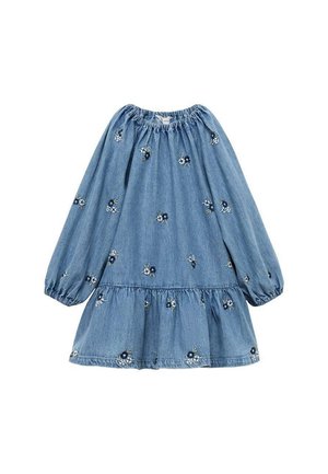 Jeanskleid mit einem elastischen Ausschnitt und langen Puffärmeln. Verfügt über florale Stickerei und einen gestuften Saum. Die Farbe ist überwiegend hellblau.