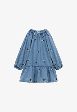 Jeanskleid mit einem elastischen Ausschnitt und langen Puffärmeln. Verfügt über florale Stickerei und einen gestuften Saum. Die Farbe ist überwiegend hellblau.