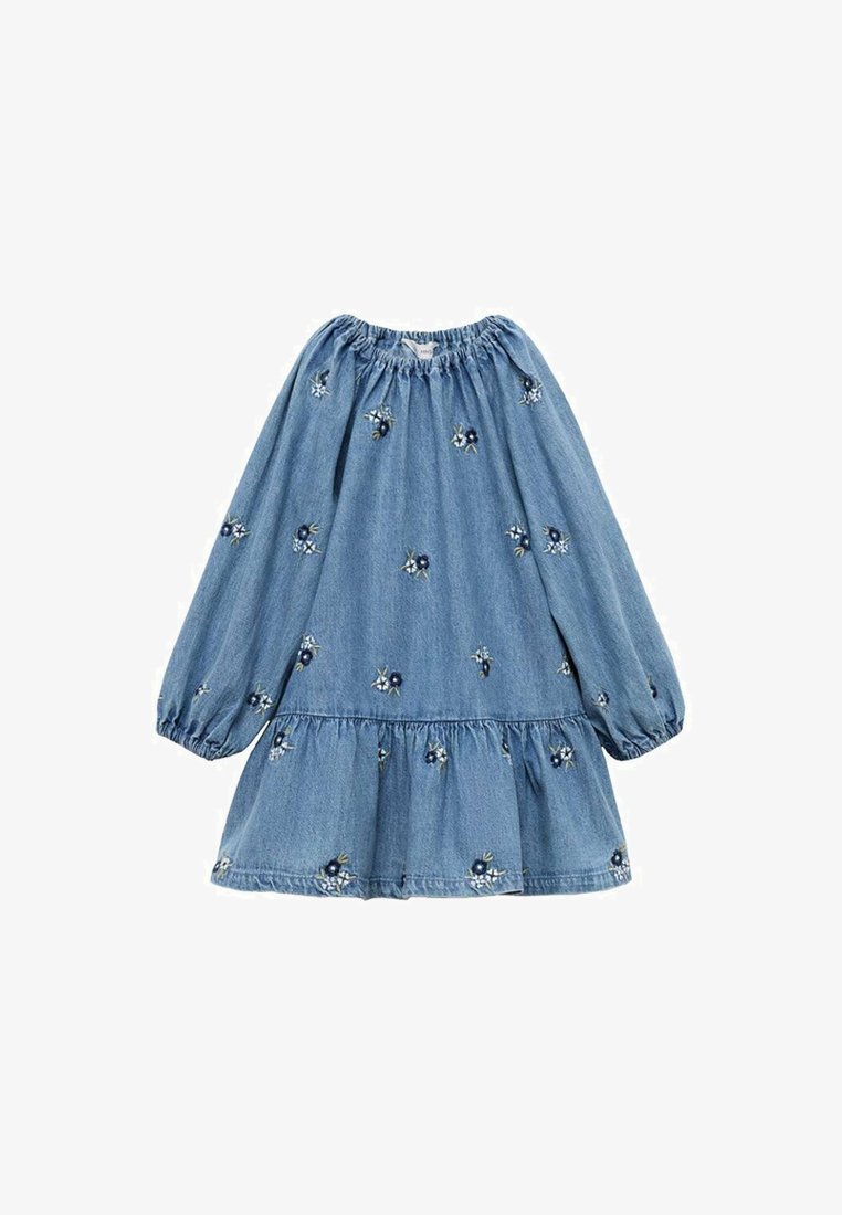 Denimová šaty s elastickým výstřihem a dlouhými puff rukávy. Obsahují květinovou výšivku a volánkový lem. Barva převážně světle modrá.