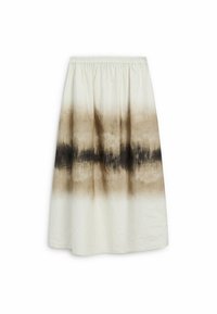 En midilængde nederdel i let materiale, der har et gradient tie-dye mønster med sektioner i creme, brun og mørkebrun. Elastisk talje.