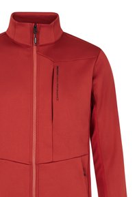 Rode sportieve jas met een hoge kraag, ritssluiting, zijzakken en gestructureerde mouwaccenten voor verbeterde ademend vermogen.