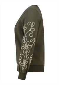 Olijfgroene sweatshirt met een ronde hals, voorzien van witte bloemenborduursels langs de linkermouw en een geribde tailleband en manchetten.