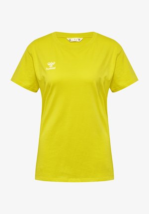 Lys gul bomulds t-shirt med normal pasform, korte ærmer og et hvidt logo trykt på venstre bryst. Rund halsudskæring, glat tekstur.