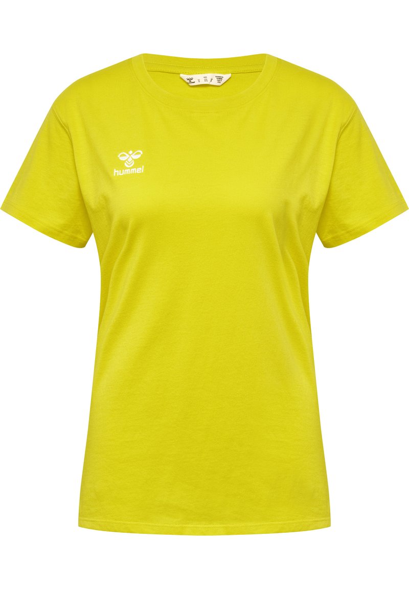 Lys gul bomulds t-shirt med normal pasform, korte ærmer og et hvidt logo trykt på venstre bryst. Rund halsudskæring, glat tekstur.