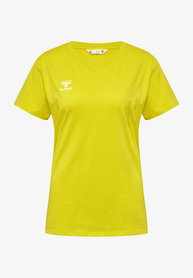 Ljusgul bomullströja med regular fit, korta ärmar och en vit logotyp tryckt på vänster bröst. Rundad halsringning, slät textur.