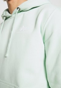 Sweat à capuche vert clair avec le logo Alpha Industries sur la poitrine, équipé de cordons de serrage et d'œillets métalliques sur la capuche.