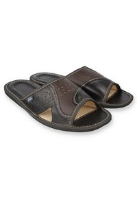 Brown and black leather slide sandals with perforated accents, open toes, and stitched edges. Soft footbed provides comfort.