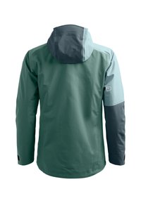 Waterproof jacket in green and blue tones. Features a hood, long sleeves, and a smooth texture. Includes logo on the left sleeve.