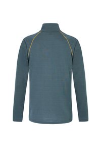 Ilgas rankovės megztinis tamsiai žalsvai mėlynos spalvos su aukštu apykakle. Briaunomis išsiuvinėtos auksinės siūlės per pečių siūles. Pagamintas iš tekstūruotos medžiagos.