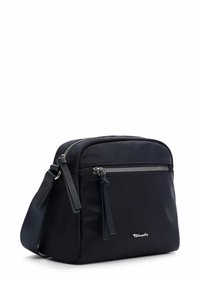 Black nylon crossbody bag with a silver zipper, front pocket, and adjustable strap. Features a smooth texture and logo detail on the front.