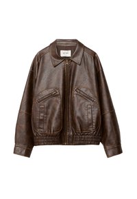 Veste bomber en fausse cuir marron avec une fermeture éclair sur le devant, deux poches zippées en angle, un large col et une taille élastique froncée.