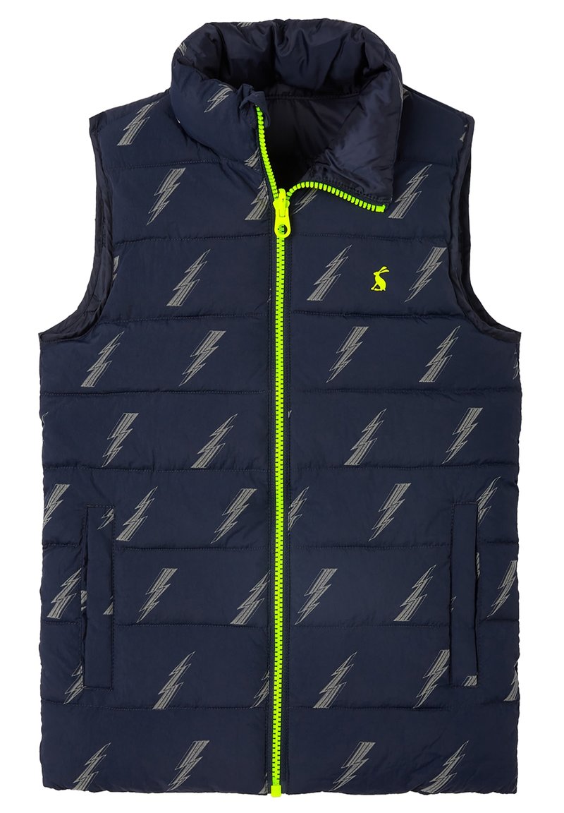 Laivastonsininen puffervesti, jossa on harmaa salama-kuvio, korkea kaulus, vetoketjukiinnitys neonvihreällä vetoketjulla ja kaksi sivutaskua.