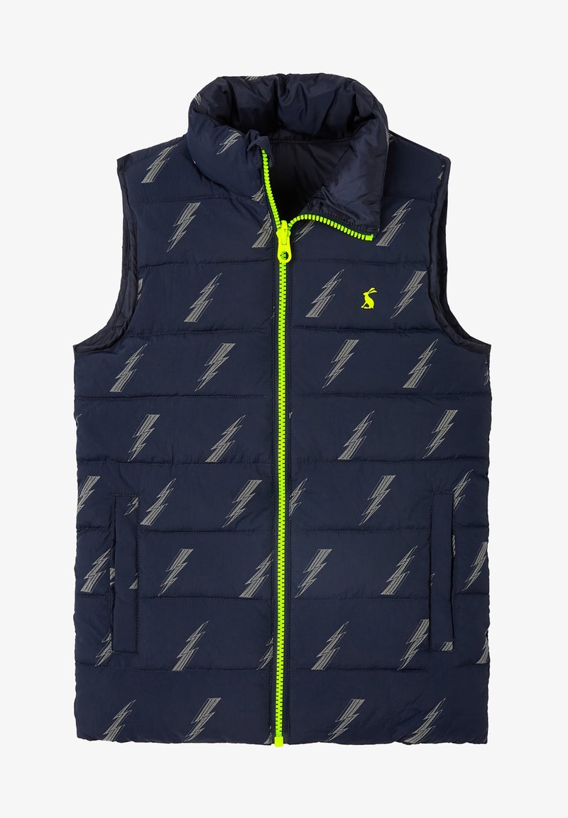 Laivastonsininen puffervesti, jossa on harmaa salama-kuvio, korkea kaulus, vetoketjukiinnitys neonvihreällä vetoketjulla ja kaksi sivutaskua.