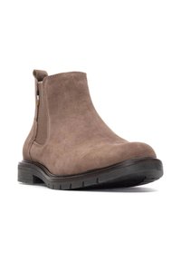 Botín de ante marrón con paneles laterales elásticos, puntera redondeada, parte superior texturizada y una gruesa suela de goma negra para obtener tracción.