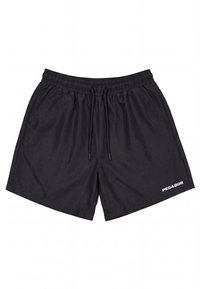Schwarze Sportshorts mit elastischem Bund, Kordelzug, Seitentaschen und weißem "PEGADOR"-Logo am unteren rechten Bein.