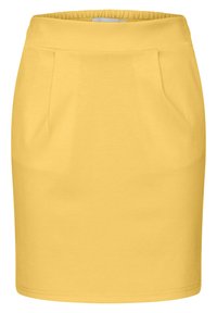 Jupe jaune longueur genou avec taille élastique et poches avant, design uni, sans motifs ni ornements visibles.