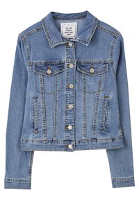 Giacca in denim azzurro chiaro con colletto classico, bottoni frontali e doppie tasche sul petto. Presenta cuciture a contrasto e un design cropped.