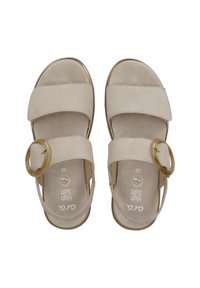 Sandalias beige con dos correas anchas, un acento de hebilla redonda y una plantilla acolchada. Textura de ante suave con forma contorneada. Talla 38.