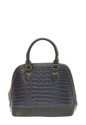 Borsa in pelle blu navy con texture a coccodrillo e dettagli verde scuro. Presenta una chiusura con zip e manici doppi con dettagli in oro.