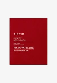 Rødt emballage med hvid tekst. Produktet er mærket "TIRTIR MASK FIT RED CUSHION" med detaljer om dækning, vægt og nuance (15C Fair Porcelain).