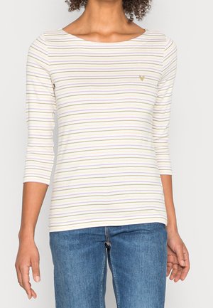 Kobieta ubrana w białą koszulę z długim rękawem z cienkimi poziomymi różowymi i żółtymi paskami, w połączeniu z niebieskimi dżinsami.