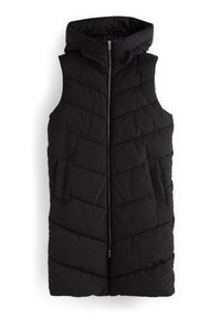 Czarna bezrękawnikowa kamizelka puchowa z kapturem, z ukośnym pikowanym wzorem, zapinana z przodu na zamek błyskawiczny, z bocznymi kieszeniami. Miękki, teksturowany materiał.