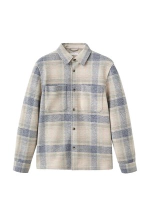 Camicia a quadri in tonalità beige e blu, realizzata in una morbida miscela di lana. Presenta una chiusura frontale con bottoni, due tasche sul petto e maniche lunghe.