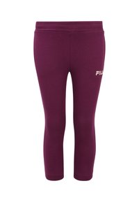 Leggings sportivi color bordeaux con un design aderente, vita elasticizzata e un piccolo logo bianco FILA sul lato sinistro inferiore.