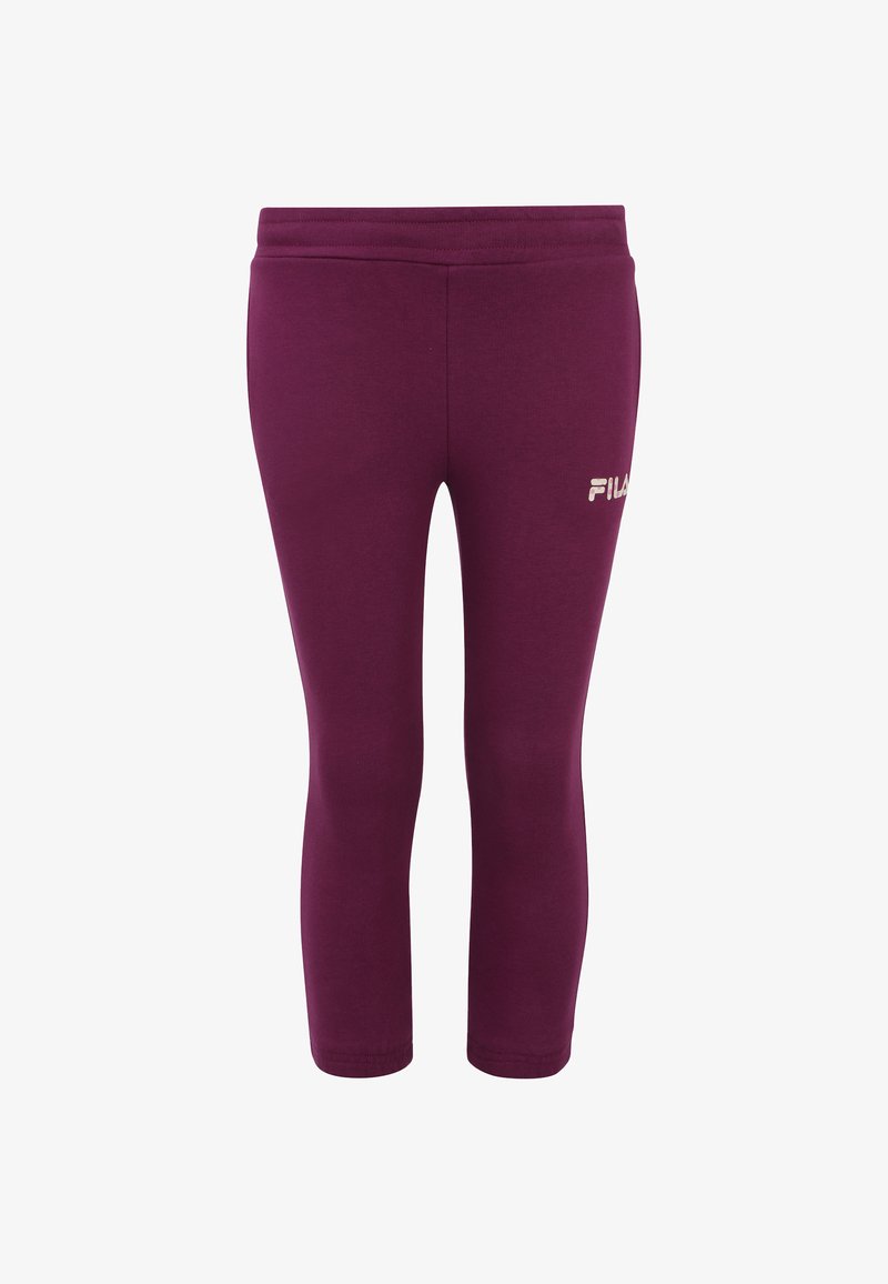 Leggings sportivi color bordeaux con un design aderente, vita elasticizzata e un piccolo logo bianco FILA sul lato sinistro inferiore.